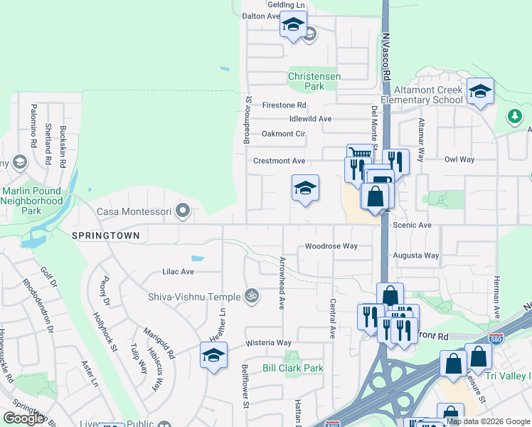 map of restaurants, bars, coffee shops, grocery stores, and more near 5573 Berwind Avenue in Livermore