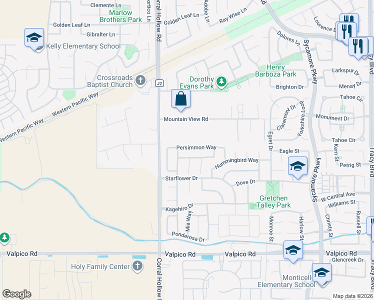 map of restaurants, bars, coffee shops, grocery stores, and more near 1860 Persimmon Way in Tracy
