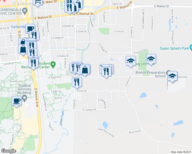 map of restaurants, bars, coffee shops, grocery stores, and more near 798 East Grand Avenue in Carbondale