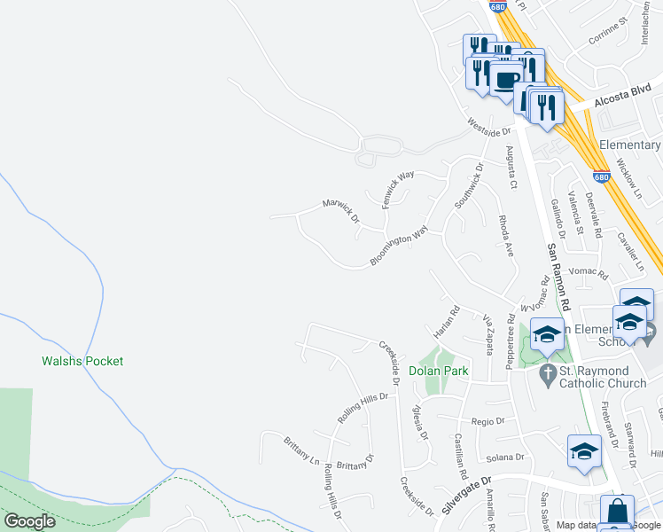 map of restaurants, bars, coffee shops, grocery stores, and more near 11397 Bloomington Way in Dublin