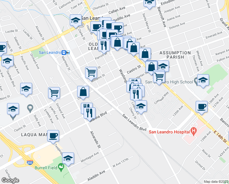 map of restaurants, bars, coffee shops, grocery stores, and more near 383 Harlan Street in San Leandro