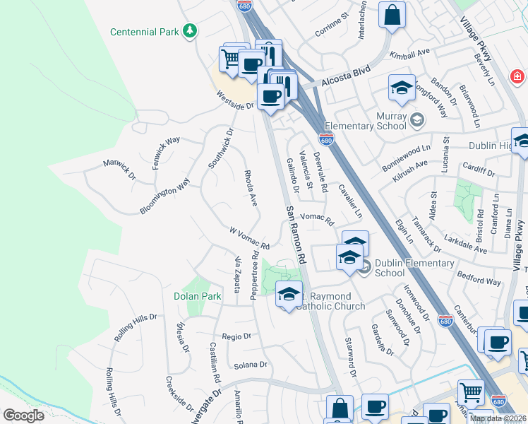 map of restaurants, bars, coffee shops, grocery stores, and more near 8237 Rhoda Avenue in Dublin