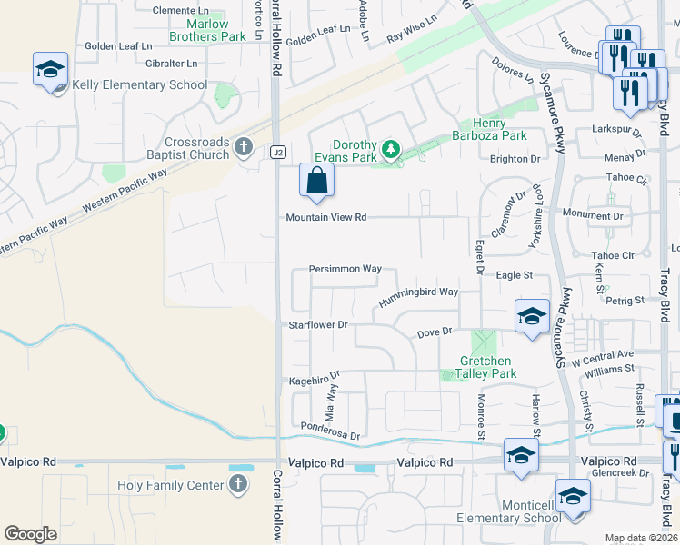 map of restaurants, bars, coffee shops, grocery stores, and more near 1860 Persimmon Way in Tracy