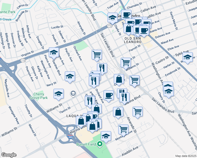 map of restaurants, bars, coffee shops, grocery stores, and more near 857 Thornton Street in San Leandro