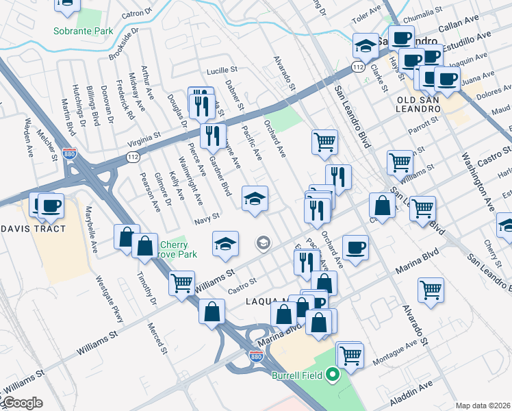 map of restaurants, bars, coffee shops, grocery stores, and more near 1644 Wayne Avenue in San Leandro