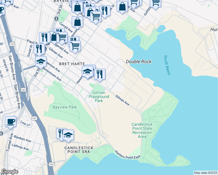 map of restaurants, bars, coffee shops, grocery stores, and more near 2928 Arelious Walker Drive in San Francisco