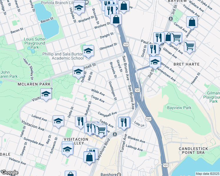 map of restaurants, bars, coffee shops, grocery stores, and more near 1174 Goettingen Street in San Francisco
