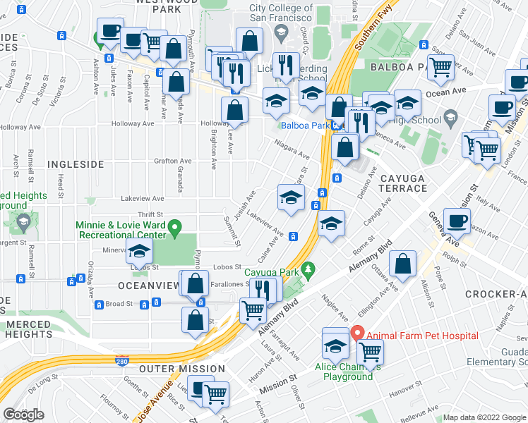 map of restaurants, bars, coffee shops, grocery stores, and more near 242 Lakeview Avenue in San Francisco