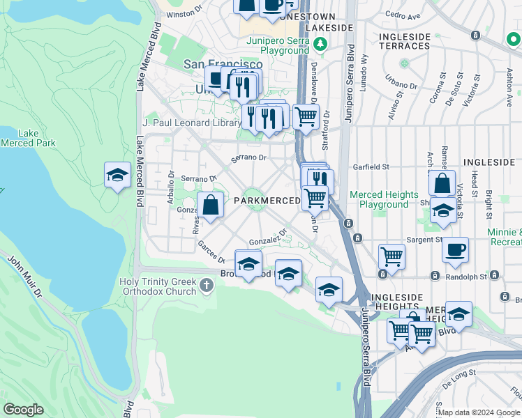 map of restaurants, bars, coffee shops, grocery stores, and more near 132 Juan Bautista Circle in San Francisco