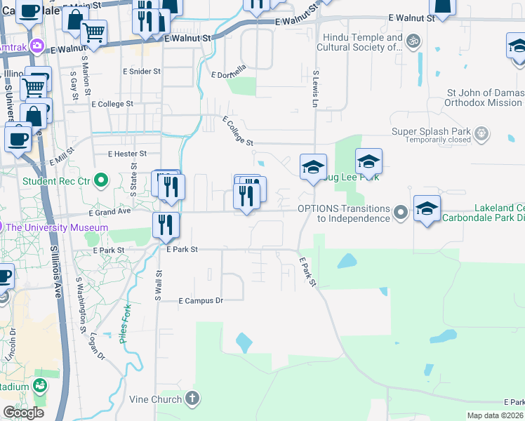 map of restaurants, bars, coffee shops, grocery stores, and more near 921 East Grand Avenue in Carbondale