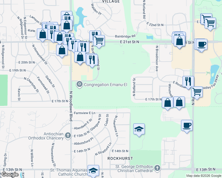 map of restaurants, bars, coffee shops, grocery stores, and more near 6887 East Rockhill Lane in Wichita