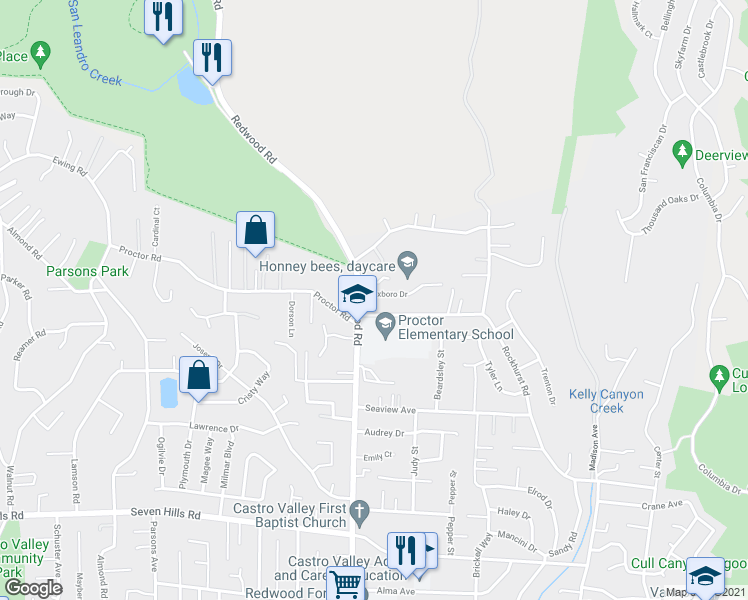 map of restaurants, bars, coffee shops, grocery stores, and more near 5009 Foxboro Drive in Castro Valley