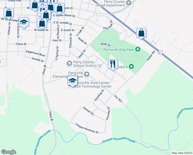 map of restaurants, bars, coffee shops, grocery stores, and more near 704 Schindler Road in Perryville