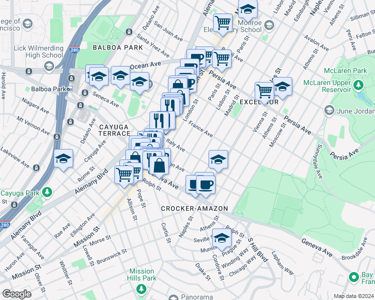 map of restaurants, bars, coffee shops, grocery stores, and more near 245 Italy Avenue in San Francisco