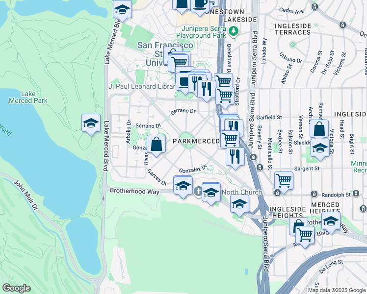 map of restaurants, bars, coffee shops, grocery stores, and more near 100 Juan Bautista Circle in San Francisco