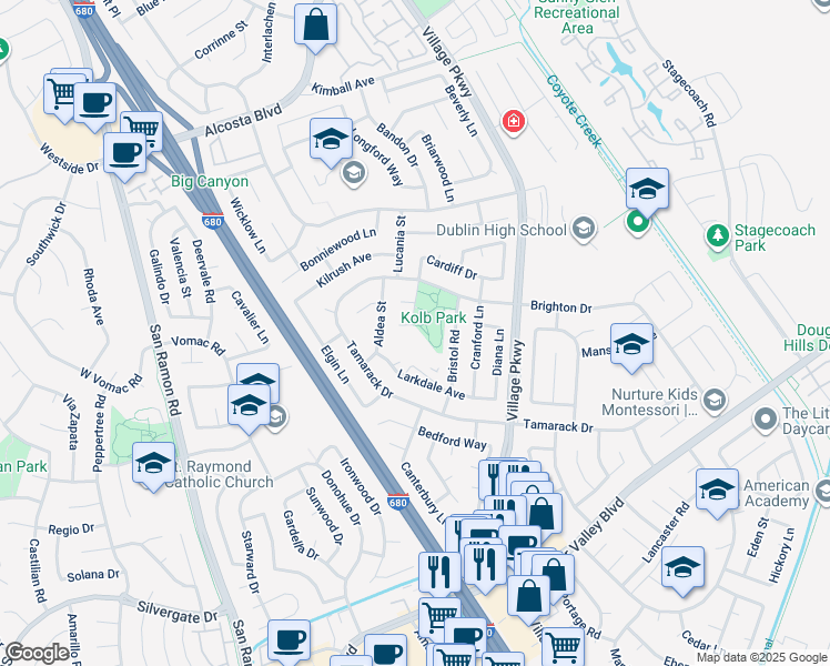 map of restaurants, bars, coffee shops, grocery stores, and more near 7424 Brighton Place in Dublin
