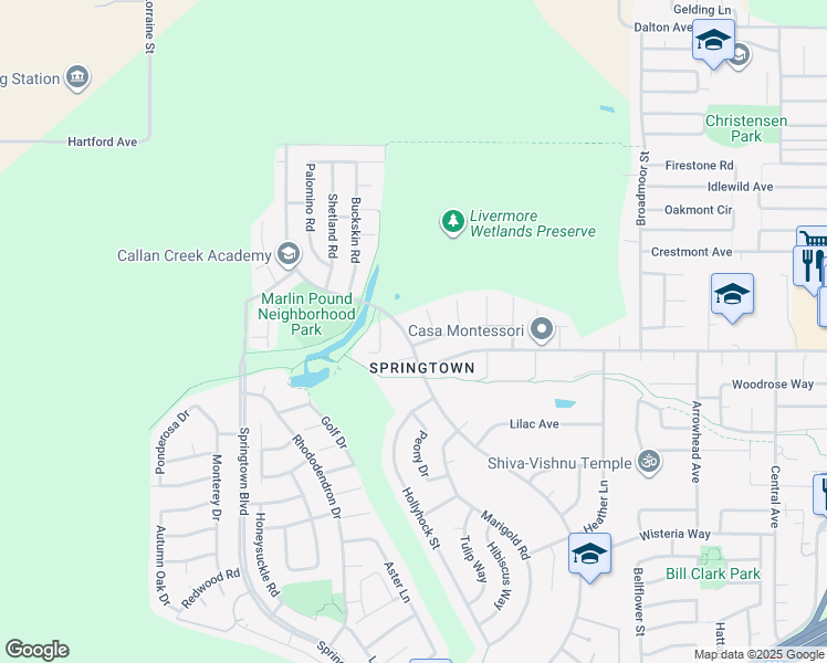 map of restaurants, bars, coffee shops, grocery stores, and more near 1899 Bluebell Drive in Livermore