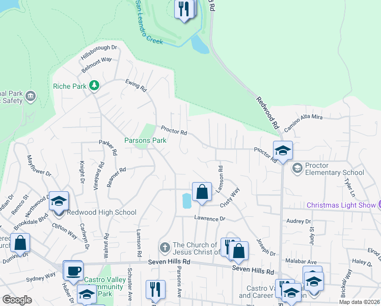 map of restaurants, bars, coffee shops, grocery stores, and more near 17691 Whisper Lane in Castro Valley