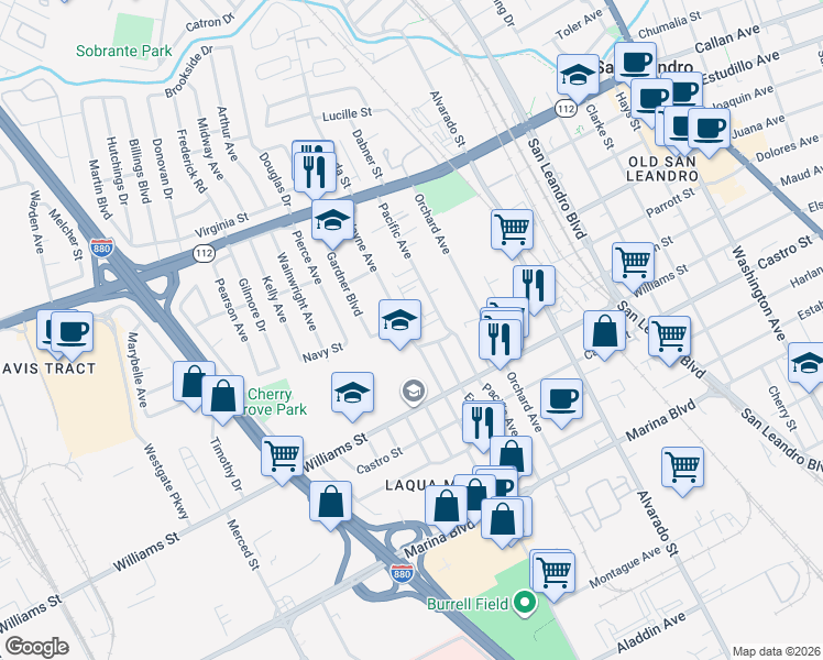 map of restaurants, bars, coffee shops, grocery stores, and more near 1644 Wayne Avenue in San Leandro