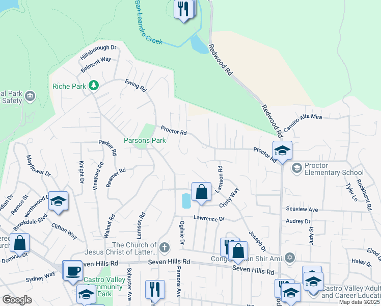 map of restaurants, bars, coffee shops, grocery stores, and more near 17691 Whisper Lane in Castro Valley