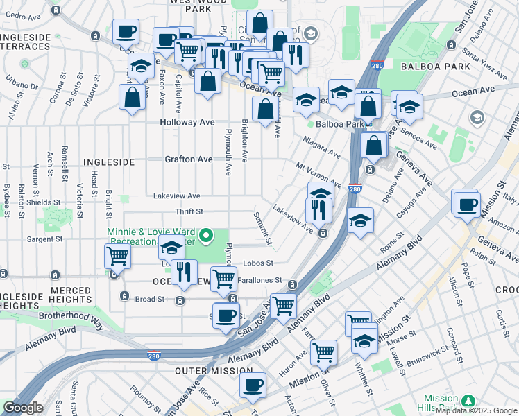 map of restaurants, bars, coffee shops, grocery stores, and more near 134 Josiah Avenue in San Francisco