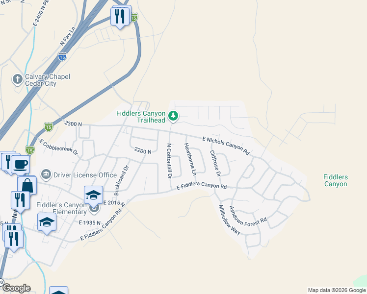 map of restaurants, bars, coffee shops, grocery stores, and more near 2205 Hawthorne Lane in Cedar City