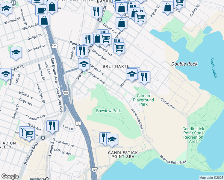 map of restaurants, bars, coffee shops, grocery stores, and more near 863 Jamestown Avenue in San Francisco