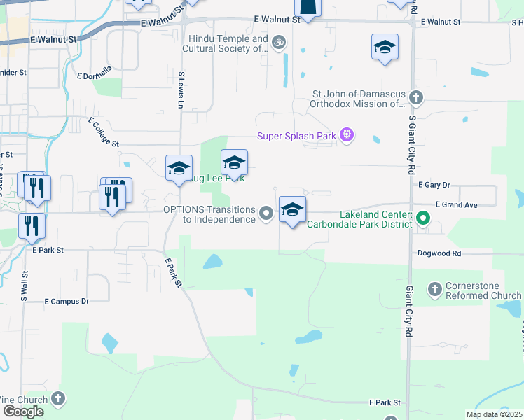 map of restaurants, bars, coffee shops, grocery stores, and more near 1150 East Grand Avenue in Carbondale
