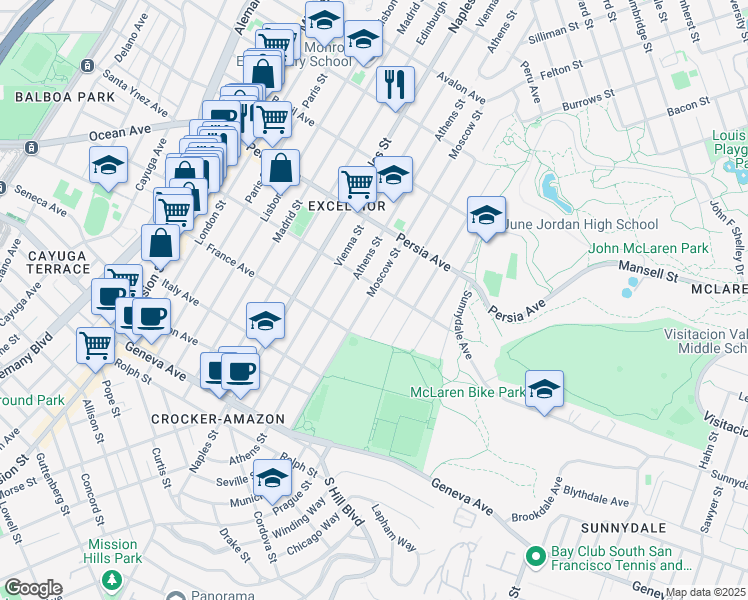 map of restaurants, bars, coffee shops, grocery stores, and more near 619 Moscow Street in San Francisco