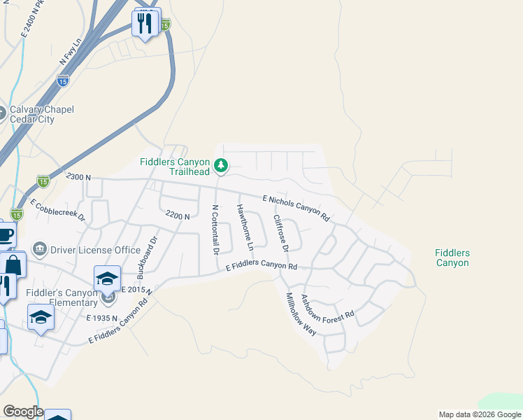 map of restaurants, bars, coffee shops, grocery stores, and more near 2212 Sumack Circle in Cedar City