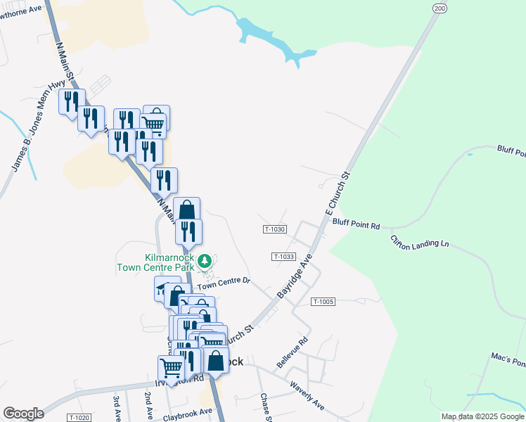 map of restaurants, bars, coffee shops, grocery stores, and more near 86 Venable Drive in Kilmarnock