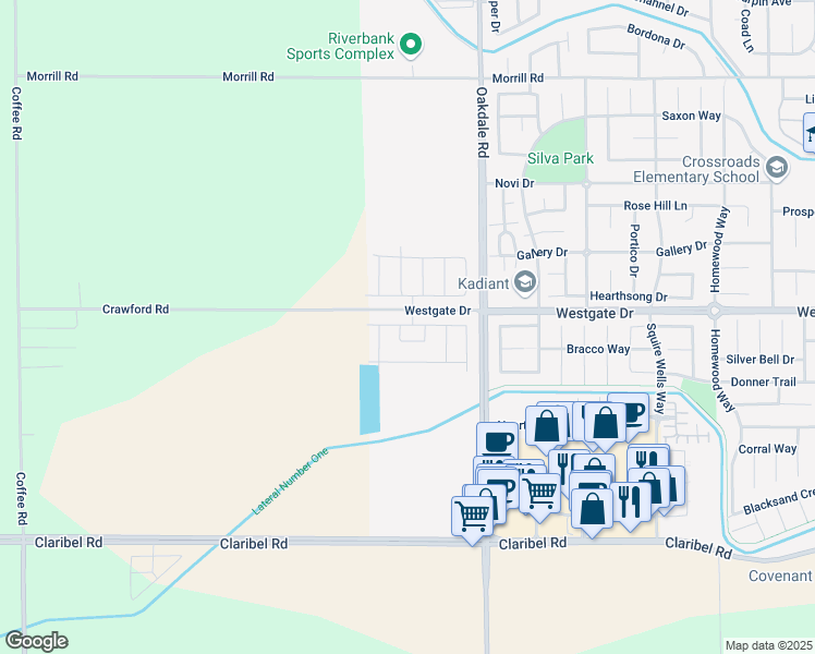 map of restaurants, bars, coffee shops, grocery stores, and more near Crawford Road in Modesto