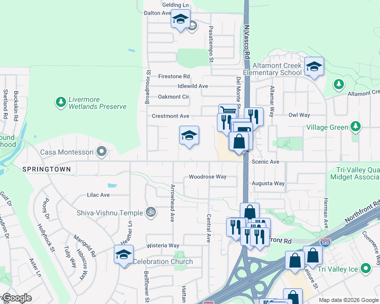 map of restaurants, bars, coffee shops, grocery stores, and more near 5650 Scenic Avenue in Livermore