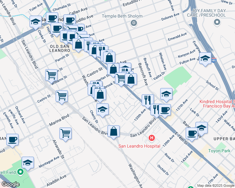 map of restaurants, bars, coffee shops, grocery stores, and more near 85 Estabrook Street in San Leandro