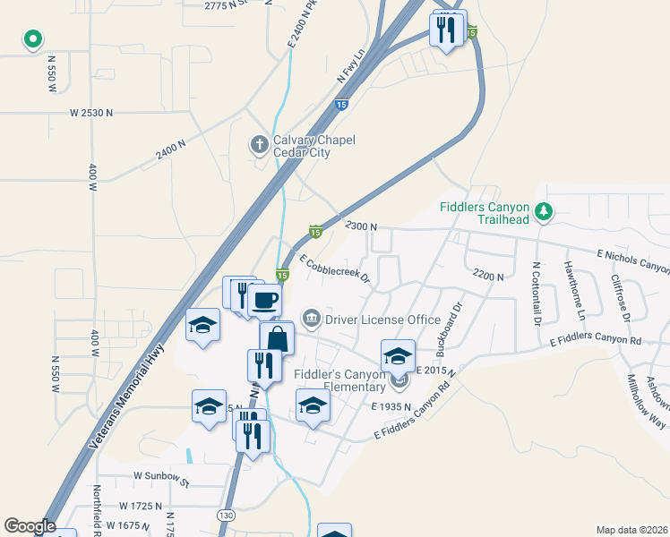 map of restaurants, bars, coffee shops, grocery stores, and more near 294 East Cobblecreek Drive in Cedar City