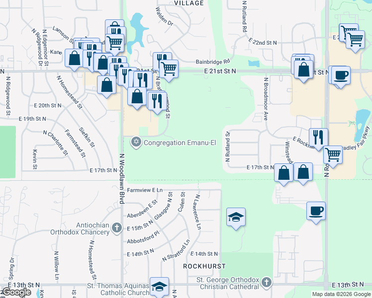 map of restaurants, bars, coffee shops, grocery stores, and more near 6887 East Rockhill Lane in Wichita
