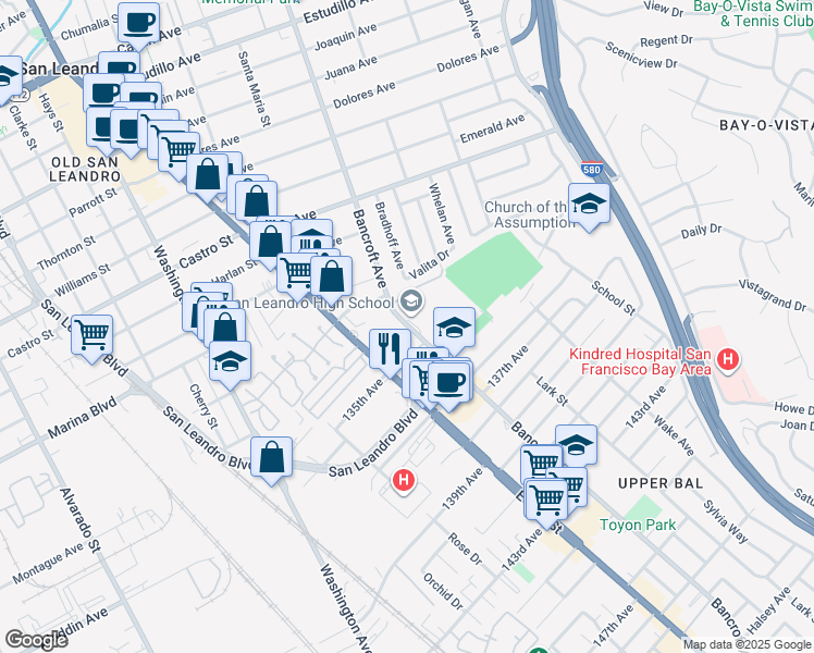 map of restaurants, bars, coffee shops, grocery stores, and more near 2199 Bancroft Avenue in San Leandro
