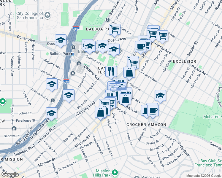 map of restaurants, bars, coffee shops, grocery stores, and more near 824 Geneva Avenue in San Francisco