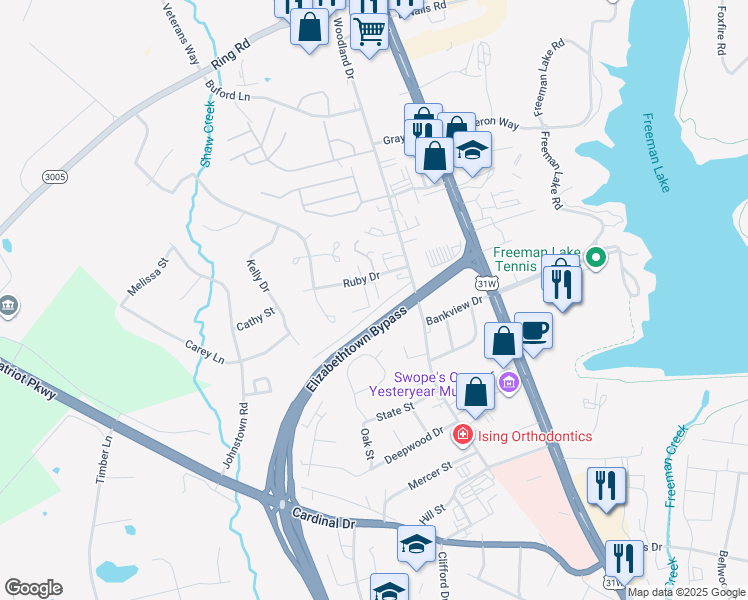 map of restaurants, bars, coffee shops, grocery stores, and more near Elizabethtown Bypass in Elizabethtown