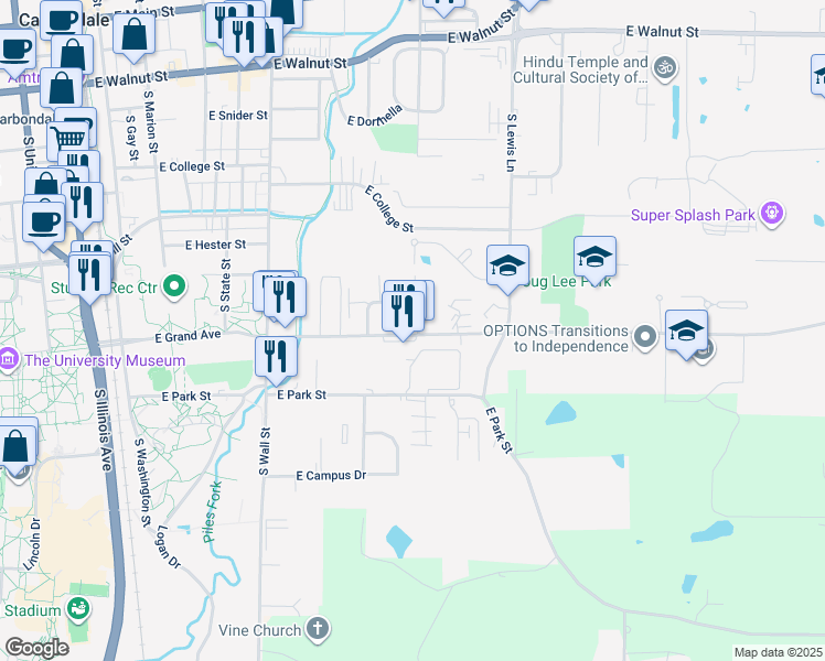 map of restaurants, bars, coffee shops, grocery stores, and more near 891 East Grand Avenue in Carbondale