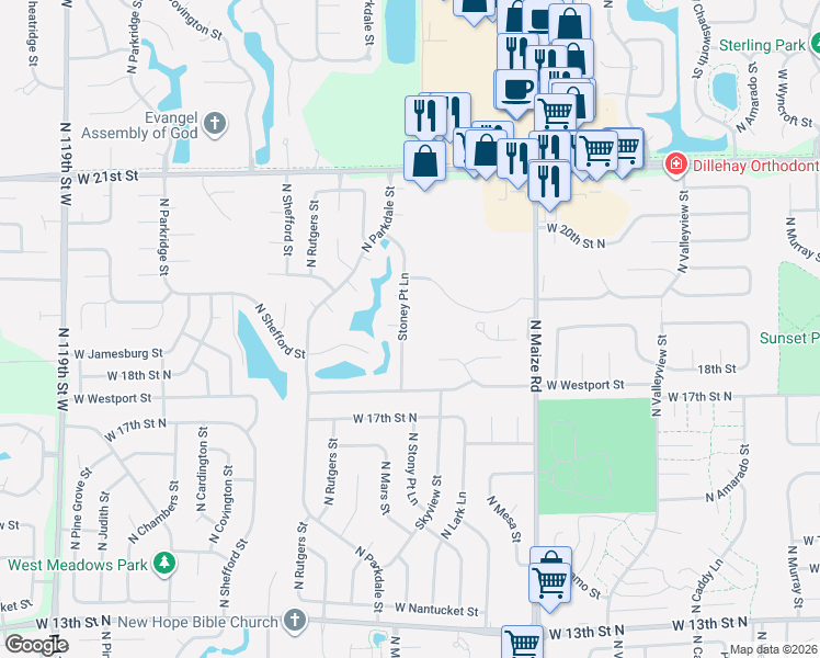 map of restaurants, bars, coffee shops, grocery stores, and more near 1888 North Lark Circle in Wichita