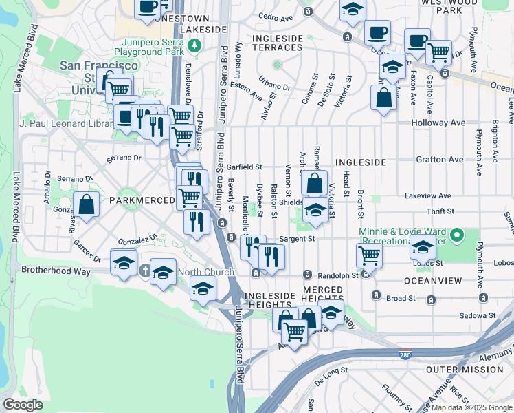 map of restaurants, bars, coffee shops, grocery stores, and more near 801 Shields Street in San Francisco