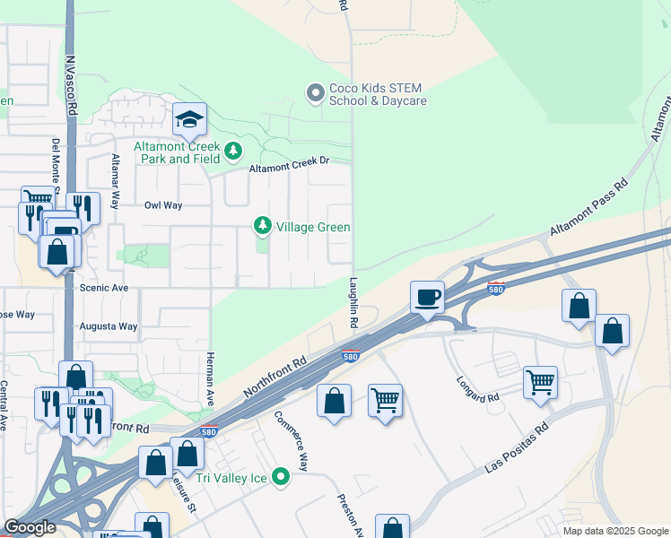map of restaurants, bars, coffee shops, grocery stores, and more near 6923 Sunridge Drive in Livermore