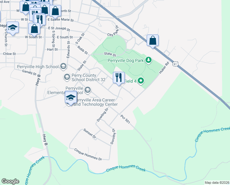 map of restaurants, bars, coffee shops, grocery stores, and more near 809 South Parkview Drive in Perryville