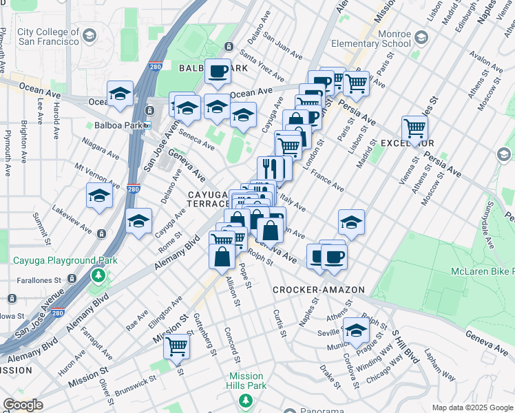 map of restaurants, bars, coffee shops, grocery stores, and more near 5050 Mission Street in San Francisco
