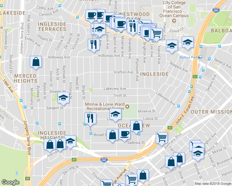 map of restaurants, bars, coffee shops, grocery stores, and more near Capitol Avenue in San Francisco