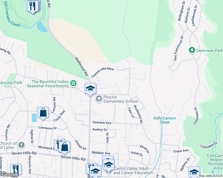 map of restaurants, bars, coffee shops, grocery stores, and more near 5158 Proctor Road in Castro Valley