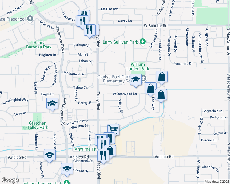 map of restaurants, bars, coffee shops, grocery stores, and more near 445 Deerwood Lane in Tracy