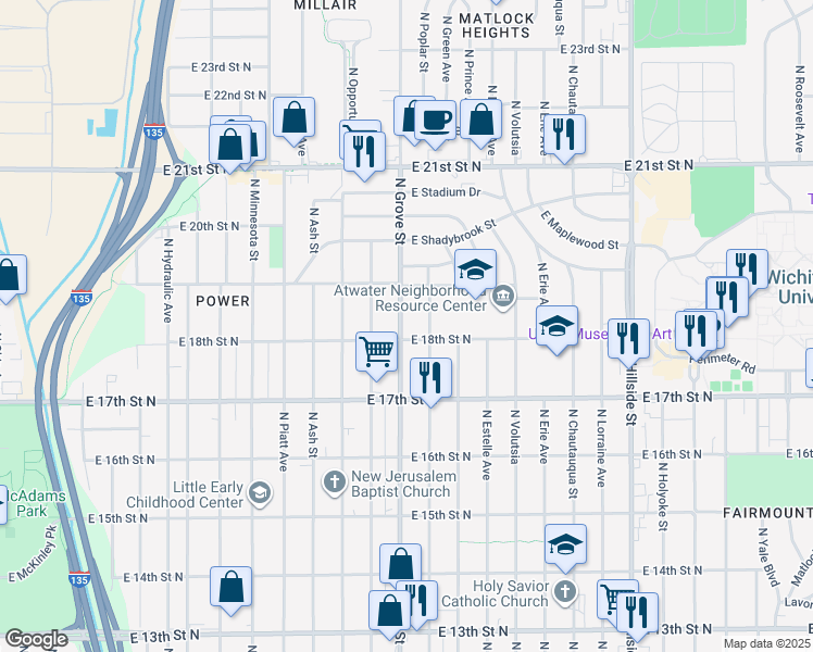 map of restaurants, bars, coffee shops, grocery stores, and more near 1912 North Grove Street in Wichita