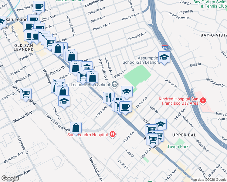 map of restaurants, bars, coffee shops, grocery stores, and more near 2199 Bancroft Avenue in San Leandro